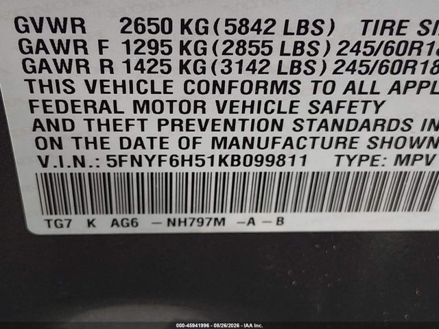 Продажа на аукционе авто 2019 Honda Pilot Ex-l, vin: 5FNYF6H51KB099811, номер лота: 45941996