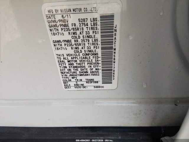 2011 Nissan Murano S მანქანა იყიდება აუქციონზე, vin: JN8AZ1MW5BW178652, აუქციონის ნომერი: 45942001