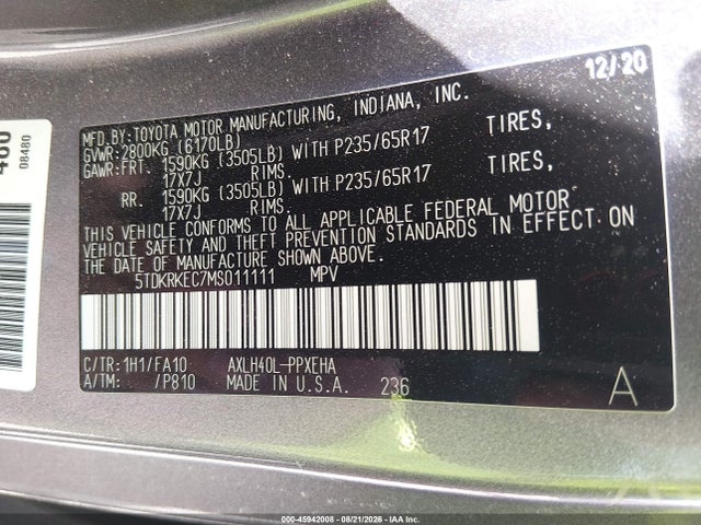 2021 Toyota Sienna Le მანქანა იყიდება აუქციონზე, vin: 5TDKRKEC7MS011111, აუქციონის ნომერი: 45942008