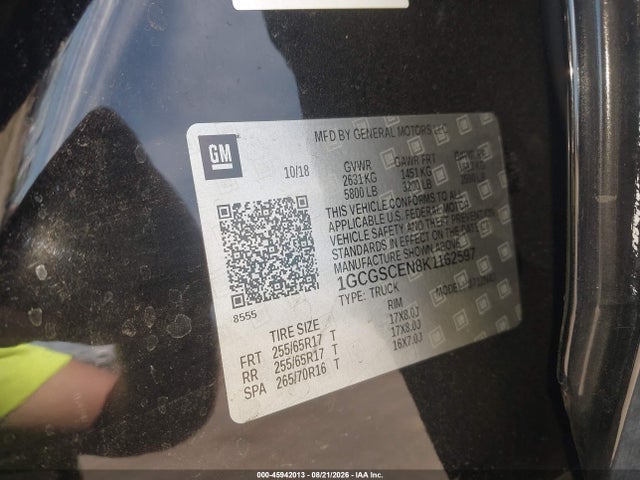 Aukcja sprzedaży 2019 Chevrolet Colorado Lt, vin: 1GCGSCEN8K1162597, numer aukcji: 45942013