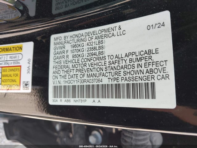 Aukcja sprzedaży 2024 Honda Accord Ex, vin: 1HGCY1F33RA037064, numer aukcji: 45942021