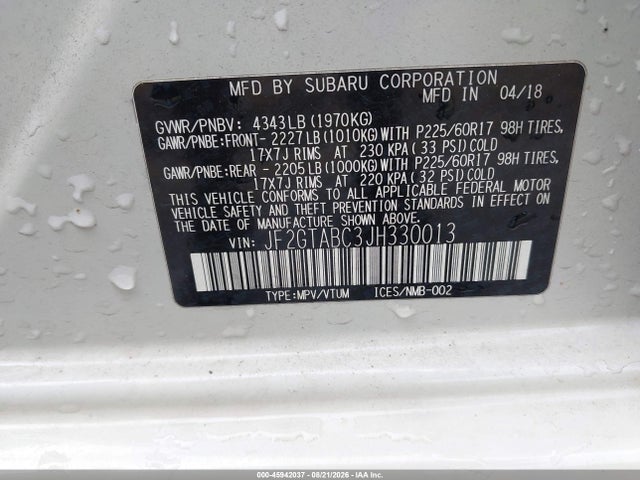 45942037 :رقم المزاد ، JF2GTABC3JH330013 vin ، 2018 Subaru Crosstrek 2.0i Premium مزاد بيع