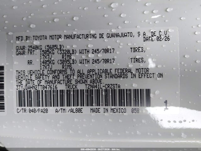 Aukcja sprzedaży 2026 Toyota Tacoma Sr, vin: 3TYJDAHN2TT047616, numer aukcji: 45942039