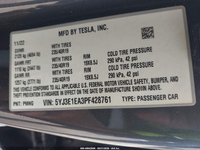 Aukcja sprzedaży 2023 Tesla Model 3 Rear-wheel Drive, vin: 5YJ3E1EA3PF428761, numer aukcji: 45942056