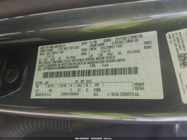 Продаж на аукціоні авто 2021 Ford F-150 Xlt, vin: 1FTEW1C88MKD00360, номер лоту: 45942057