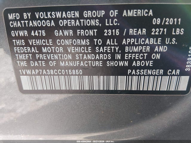 Aukcja sprzedaży 2012 Volkswagen Passat S, vin: 1VWAP7A38CC015850, numer aukcji: 45942064