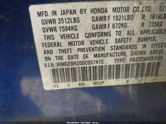 2013 Honda Fit მანქანა იყიდება აუქციონზე, vin: JHMGE8H30DC057475, აუქციონის ნომერი: 45942074