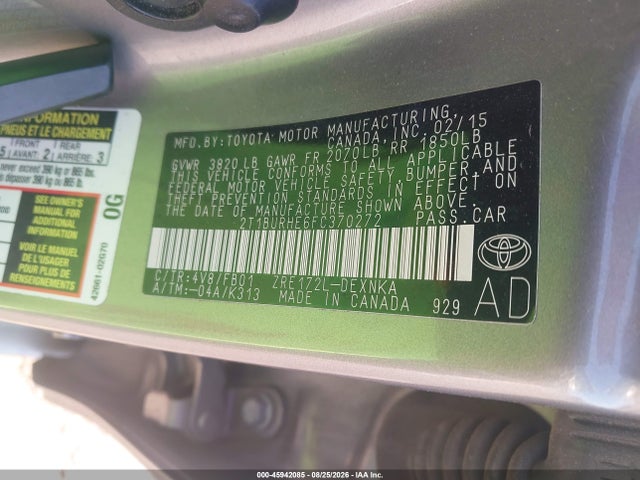 2015 Toyota Corolla Le მანქანა იყიდება აუქციონზე, vin: 2T1BURHE6FC370272, აუქციონის ნომერი: 45942085