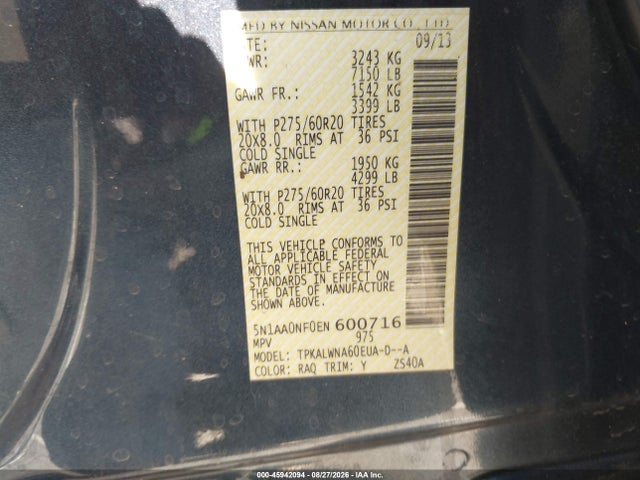 45942094 :رقم المزاد ، 5N1AA0NF0EN600716 vin ، 2014 Nissan Armada Platinum مزاد بيع