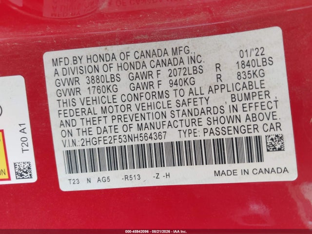 2022 Honda Civic Sport მანქანა იყიდება აუქციონზე, vin: 2HGFE2F53NH564367, აუქციონის ნომერი: 45942096