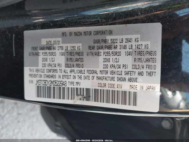 Aukcja sprzedaży 2021 Mazda Cx-9 Grand Touring, vin: JM3TCBDY2M0522948, numer aukcji: 45942099