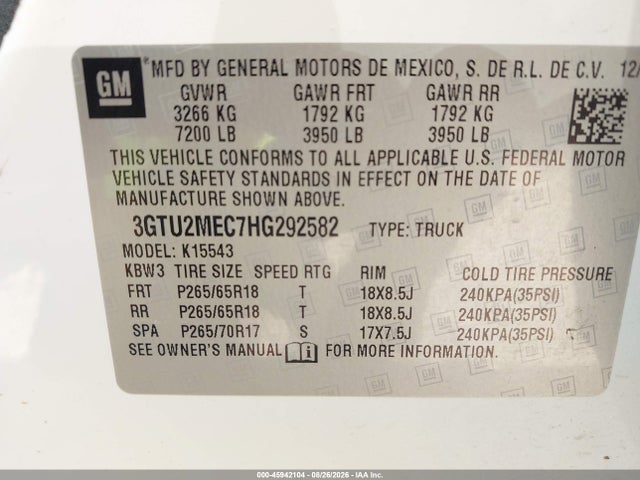 Продажа на аукционе авто 2017 Gmc Sierra 1500 Sle, vin: 3GTU2MEC7HG292582, номер лота: 45942104