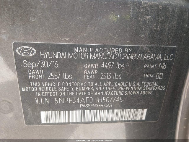 Продажа на аукционе авто 2017 Hyundai Sonata Limited, vin: 5NPE34AF0HH507745, номер лота: 45942106