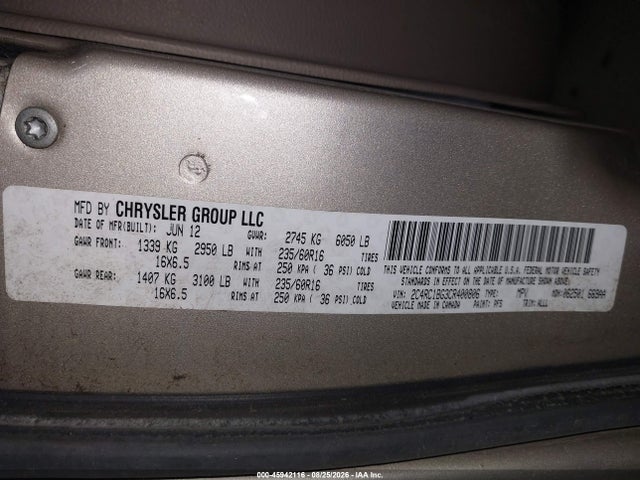 Продаж на аукціоні авто 2012 Chrysler Town & Country Touring, vin: 2C4RC1BG3CR400806, номер лоту: 45942116