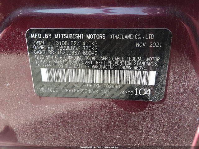 45942119 :رقم المزاد ، ML32FUFJXNHF02690 vin ، 2022 Mitsubishi Mirage G4 Black Edition/es/le مزاد بيع