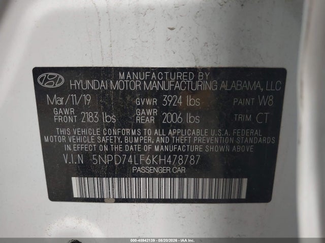 45942139 :رقم المزاد ، 5NPD74LF6KH478787 vin ، 2019 Hyundai Elantra Se مزاد بيع