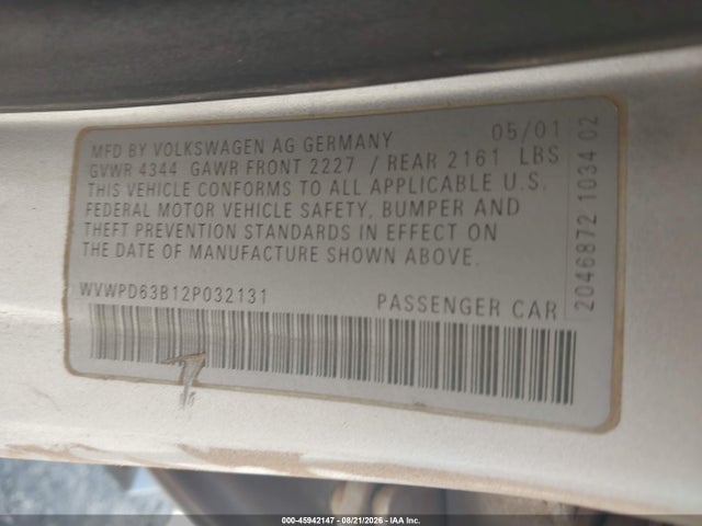 45942147 :رقم المزاد ، WVWPD63B12P032131 vin ، 2002 Volkswagen Passat Gls مزاد بيع