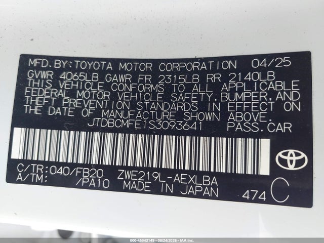 Продаж на аукціоні авто 2025 Toyota Corolla Hybrid Le, vin: JTDBCMFE1S3093641, номер лоту: 45942149