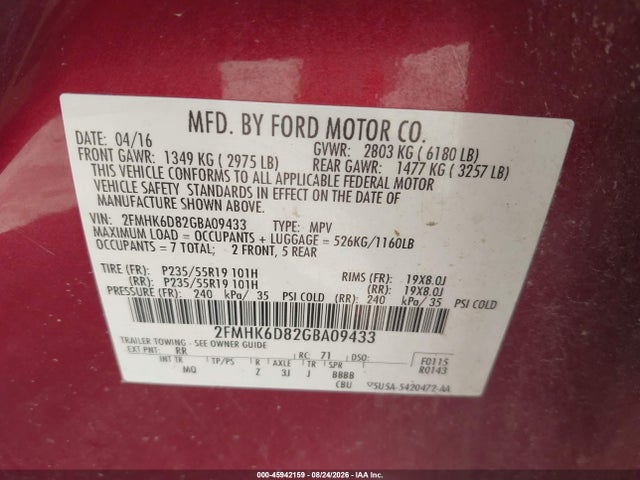 45942159 :رقم المزاد ، 2FMHK6D82GBA09433 vin ، 2016 Ford Flex Limited مزاد بيع