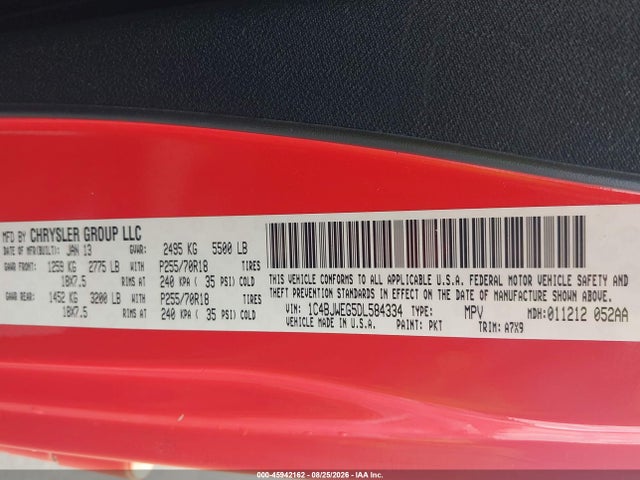 45942162 :رقم المزاد ، 1C4BJWEG5DL584334 vin ، 2013 Jeep Wrangler Unlimited Sahara مزاد بيع