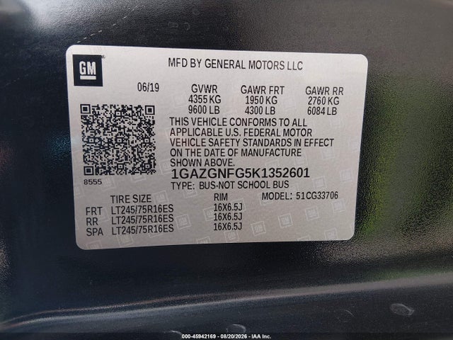 Aukcja sprzedaży 2019 Chevrolet Express 3500 Ls, vin: 1GAZGNFG5K1352601, numer aukcji: 45942169