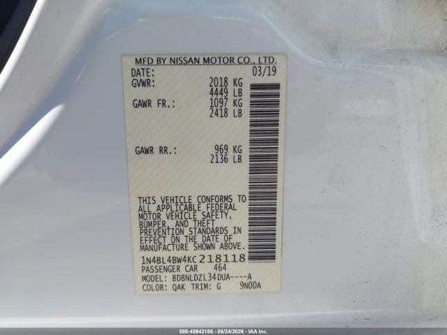 2019 Nissan Altima 2.5 S მანქანა იყიდება აუქციონზე, vin: 1N4BL4BW4KC218118, აუქციონის ნომერი: 45942186