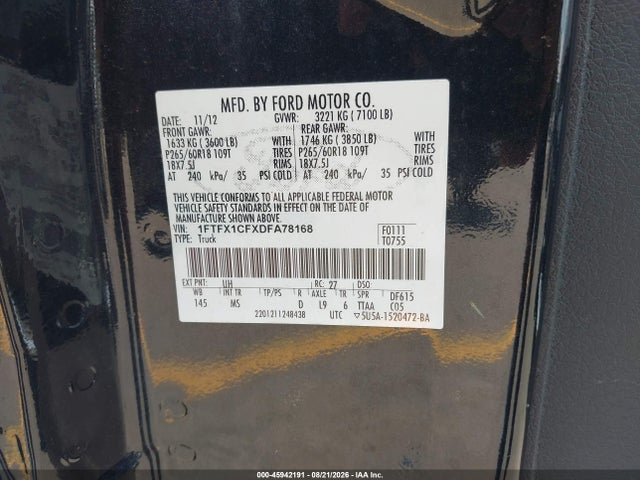 45942191 :رقم المزاد ، 1FTFX1CFXDFA78168 vin ، 2013 Ford F-150 Xlt مزاد بيع