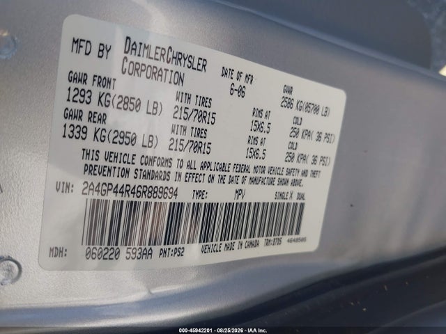 45942201 :رقم المزاد ، 2A4GP44R46R889694 vin ، 2006 Chrysler Town & Country Lx مزاد بيع