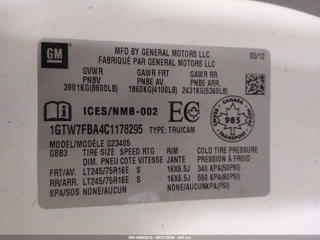 Aukcja sprzedaży 2012 Gmc Savana 2500 Work Van, vin: 1GTW7FBA4C1178295, numer aukcji: 45942214