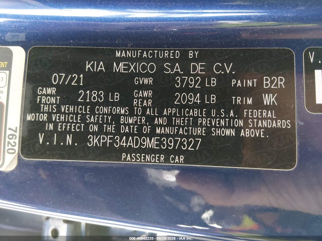 Продаж на аукціоні авто 2021 Kia Forte Gt-line, vin: 3KPF34AD9ME397327, номер лоту: 45942220