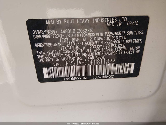 Aukcja sprzedaży 2015 Subaru Forester 2.5i Limited, vin: JF2SJAHC0FH811822, numer aukcji: 45942222