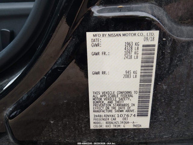 Aukcja sprzedaży 2019 Nissan Altima 2.5 Sv, vin: 1N4BL4DVXKC107674, numer aukcji: 45942245