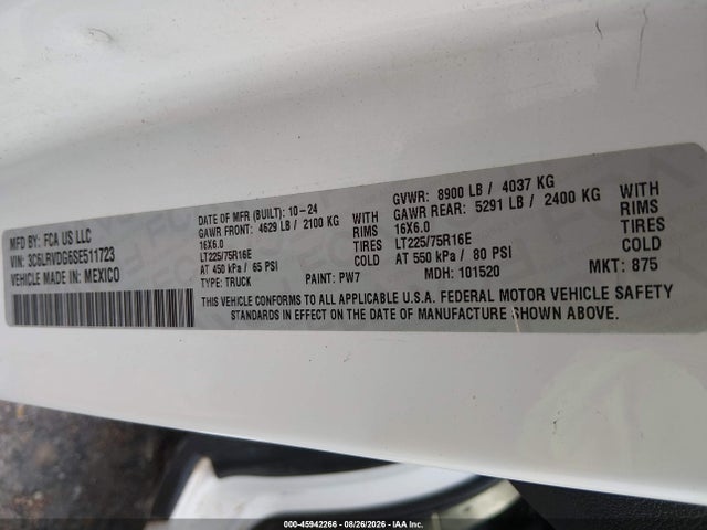 45942266 :رقم المزاد ، 3C6LRVDG6SE511723 vin ، 2025 Ram Promaster 2500 Tradesman High Roof 159 Wb W/pass Seat مزاد بيع