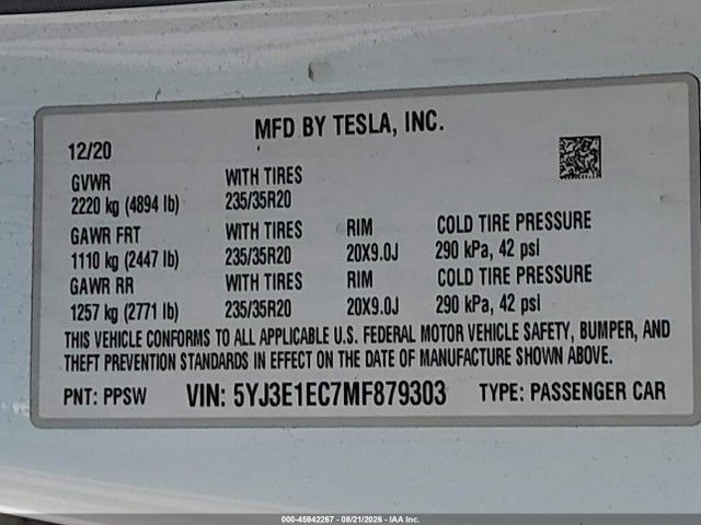 Tesla Model 3 Performance Dual Motor All-wheel Drive 2021 5YJ3E1EC7MF879303 Image 9