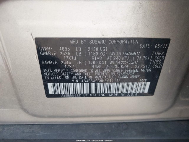 Aukcja sprzedaży 2017 Subaru Outback 2.5i Premium, vin: 4S4BSACC9H3411112, numer aukcji: 45942277