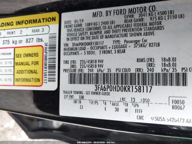 45942283 :رقم المزاد ، 3FA6P0HD0KR158117 vin ، 2019 Ford Fusion Se مزاد بيع