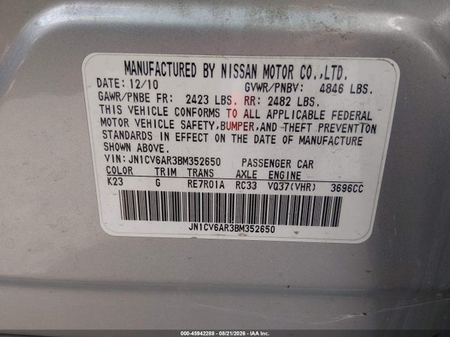 Продаж на аукціоні авто 2011 Infiniti G37x, vin: JN1CV6AR3BM352650, номер лоту: 45942288