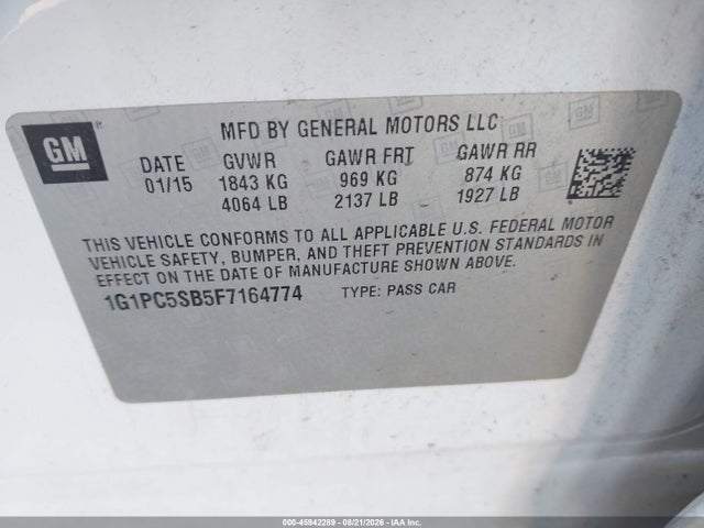 45942289 :رقم المزاد ، 1G1PC5SB5F7164774 vin ، 2015 Chevrolet Cruze 1lt Auto مزاد بيع