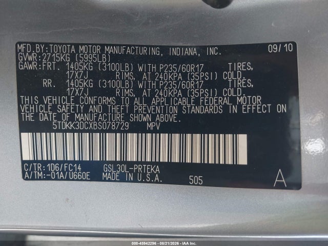 Aukcja sprzedaży 2011 Toyota Sienna Le V6, vin: 5TDKK3DCXBS078729, numer aukcji: 45942296