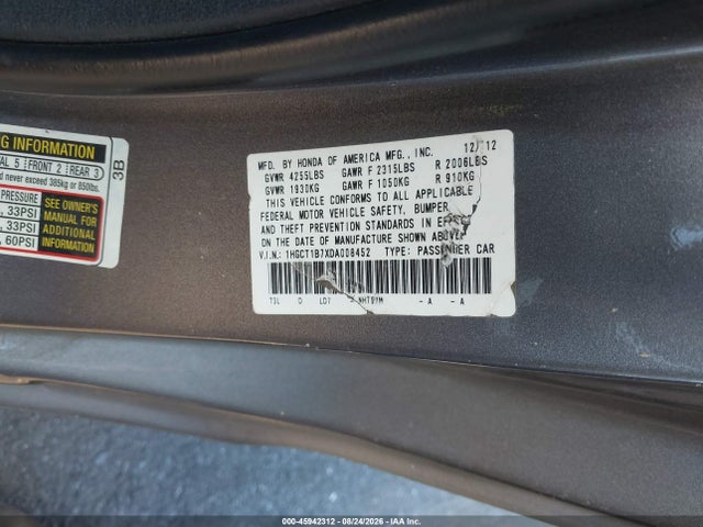 Aukcja sprzedaży 2013 Honda Accord Ex, vin: 1HGCT1B7XDA008452, numer aukcji: 45942312