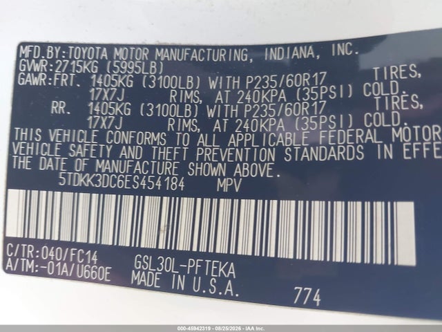 2014 Toyota Sienna Le V6 7 Passenger Auto Access Seat მანქანა იყიდება აუქციონზე, vin: 5TDKK3DC6ES454184, აუქციონის ნომერი: 45942319