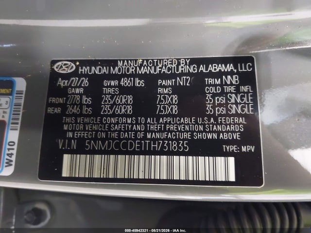 Aukcja sprzedaży 2026 Hyundai Tucson Sel Premium, vin: 5NMJCCDE1TH731835, numer aukcji: 45942321