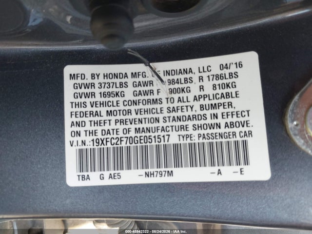 Aukcja sprzedaży 2016 Honda Civic Ex, vin: 19XFC2F70GE051517, numer aukcji: 45942322