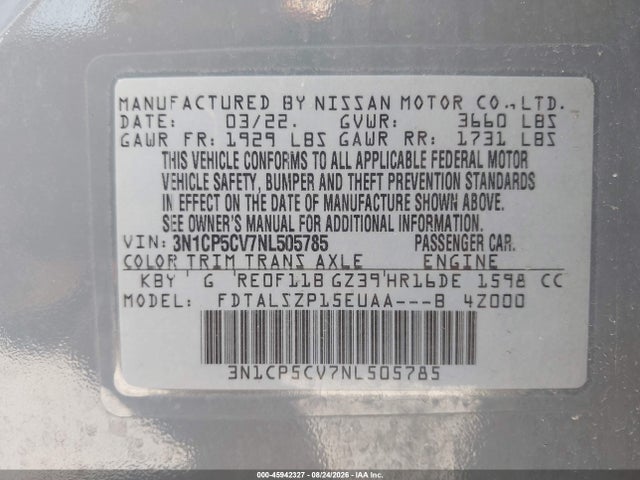 45942327 :رقم المزاد ، 3N1CP5CV7NL505785 vin ، 2022 Nissan Kicks Sv Xtronic Cvt مزاد بيع