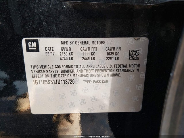 45942337 :رقم المزاد ، 1G1105S31JU113726 vin ، 2018 Chevrolet Impala 1lt مزاد بيع
