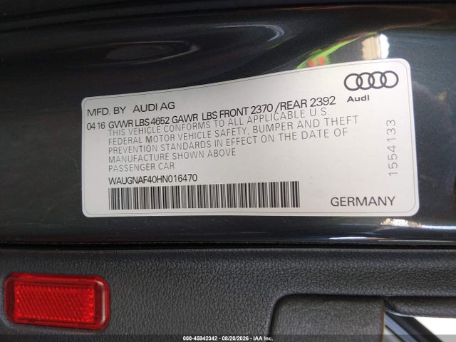 45942342 :رقم المزاد ، WAUGNAF40HN016470 vin ، 2017 Audi A4 Premium مزاد بيع