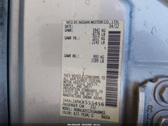 Aukcja sprzedaży 2012 Nissan Altima 2.5 S, vin: 1N4AL2APXCN555456, numer aukcji: 45942346