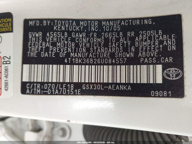 2006 Toyota Avalon Touring მანქანა იყიდება აუქციონზე, vin: 4T1BK36B26U084557, აუქციონის ნომერი: 45942368