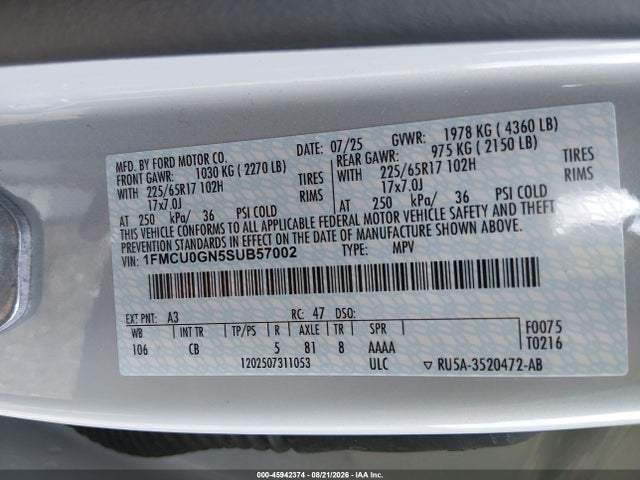 45942374 :رقم المزاد ، 1FMCU0GN5SUB57002 vin ، 2025 Ford Escape Active مزاد بيع