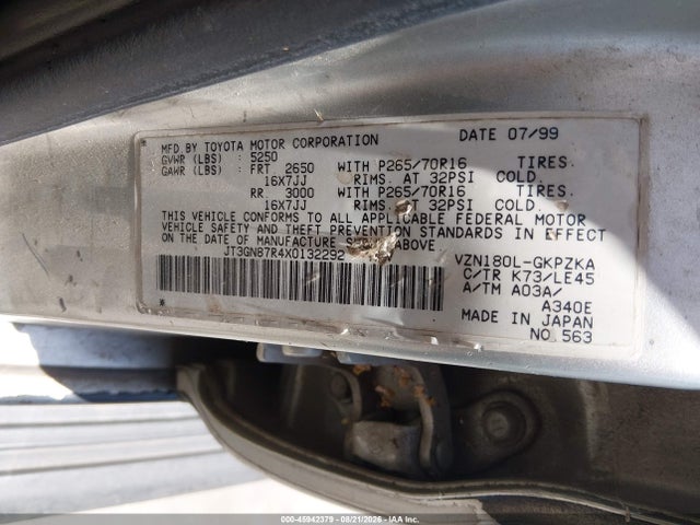 1999 Toyota 4runner Limited V6 მანქანა იყიდება აუქციონზე, vin: JT3GN87R4X0132292, აუქციონის ნომერი: 45942379